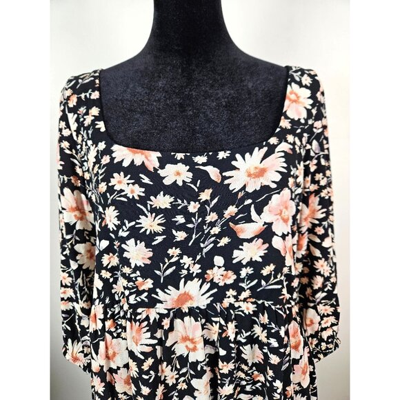 American Eagle Floral Print Black Dress Puff Sleeves & Open Back W/ Tie Detail M - Picture 6 of 12